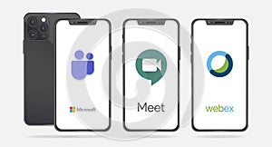 Microsoft Teams, Google Meet and Cisco Webex software on iPhone screen. Meet apps developed by Google and Teams apps developed by