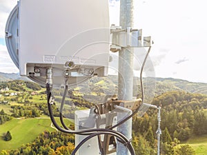 Microwave link transmission antenna dish on a telecommunication cellular network metal tower