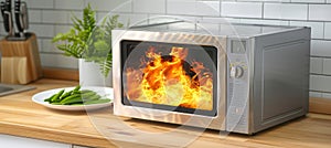 Microwave oven damage from electrical breakdown or short circuit leading to burns