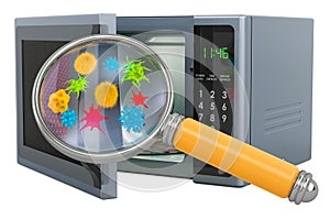 Microwave oven with germs and bacterias under magnifying glass. 3D rendering