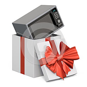 Microwave oven inside gift box, present concept. 3D rendering