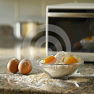 A microwave oven in the midst of baking, with a bowl of flour and cracked egg yolks on the countertop, ready for mixing