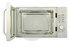 Microwave oven with opened door, front view. 3D rendering