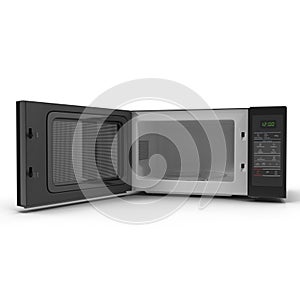 Microwave oven with opened door on white, modern design. 3D illustration