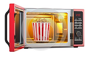 Microwave oven with popcorn inside, 3D rendering