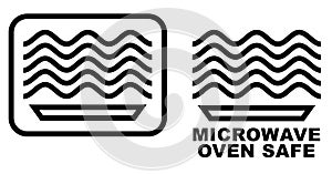 Microwave oven safe item symbol. Simple black lines plate drawing with waves above. Graphic symbol only and also version with tex