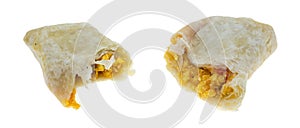 Microwaved Breakfast Burrito Split On White Background