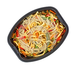 Microwaved TV dinner of noodles and vegetables