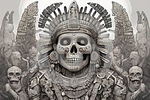 Mictlantecuhtli, the ancient aztec god of the underworld, above a pile of corpses, fantasy, intricate, elegant, highly detailed