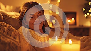 Mid 30s person reflecting in warmly lit living room lighting amber candle on table