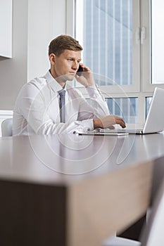 Mid adult businessman on call while using laptop at home