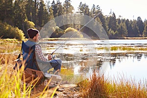 Mid-adult man fishing by lakeside, Big Bear, California, USA