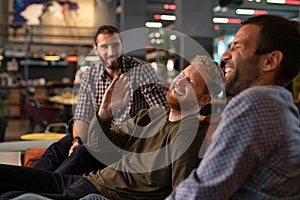 Mid adult men friends enjoying at pub photo