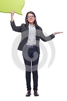 Mid adult woman holding blank speech bubble on white background