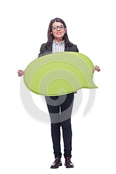 Mid adult woman holding blank speech bubble on white background