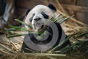 Mid-Afternoon Snack: Panda Eating Bamboo in Zoo