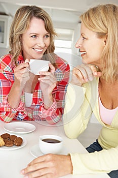 Mid age women chatting over coffee at home photo