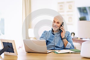 Mid aged business man sitting at home and using laptop and smartphone for work