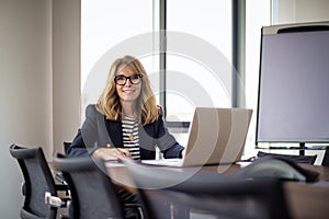 Mid aged businesswoman with notebook sitting at desk in a modern office and working