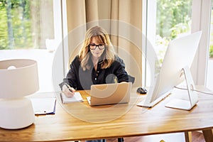 Mid aged businesswoman sitting at desk and using laptop while having video call photo