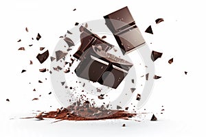 A mid-air burst of luxurious dark chocolate,on a white background. photo