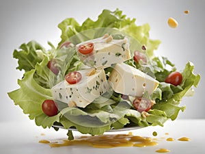 Mid-Air Salad Dance: Fresh Toss of Lettuce and Cheese on a White Canvas