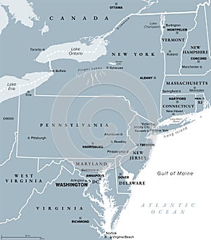 Mid-Atlantic region of the United States, gray political map