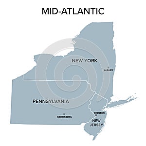 Mid-Atlantic states in the Northeast region of USA, gray political map