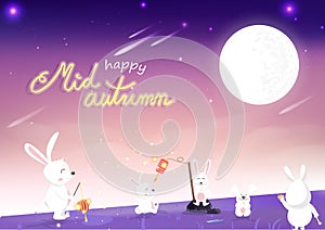 Mid autumn, cute bunny cartoon with full moon nature landscape fantasy miracle, invitation poster card happy festival celebration