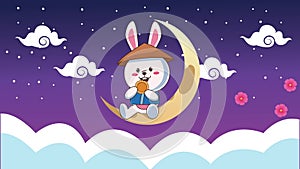 Mid autumn festival animation with rabbit and crescent moon in clouds