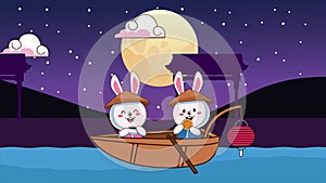 Mid autumn festival animation with rabbits couple in boat with moon night