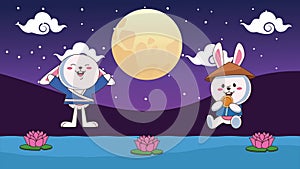 Mid autumn festival animation with rabbits couple and moon in lake