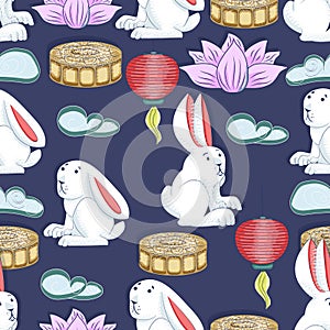 Mid autumn festival background with rabbits, moon cake, lotus, clouds and chinese lanterns. Vector seamless pattern