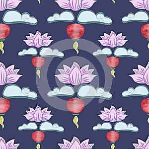 Mid autumn festival background with rabbits, moon cake, lotus, clouds and chinese lanterns. Vector seamless pattern