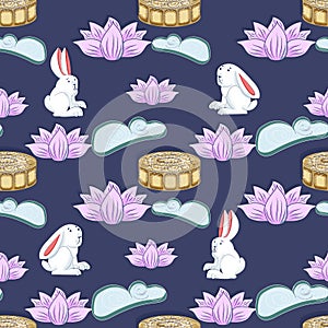 Mid autumn festival background with rabbits, moon cake, lotus, clouds and chinese lanterns. Vector seamless pattern