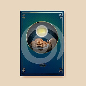 Mid Autumn festival with chinese tea pot and moon, mooncake on color pattern Background
