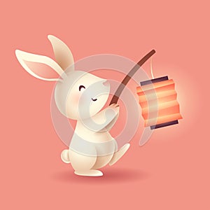 Mid Autumn Festival. Cute rabbit holding a chinese oriental lantern