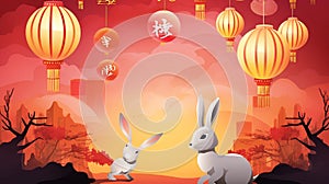 A Mid-Autumn Festival with a full moon, cute rabbits playing, some mooncakes, and with a festive atmosphere, AI Generative