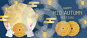Mid autumn festival greeting card with cute rabbit, flowers and moon cake on blue background