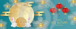 Mid Autumn festival greeting card with cute rabbit with moon cake, flowers, red lantern and full moon on green background