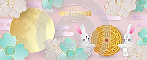 Mid autumn festival greeting card with full moon, flowers, cute rabbit and moon cake on pink background, Paper art style