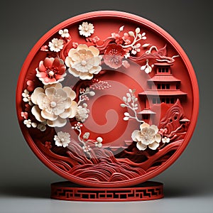 Mid Autumn Festival holiday or Chinese New Year festive with White Cherry Blossom Flowers Paper Cut with Asian elements in craft