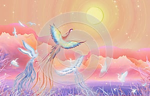 Mid-Autumn Festival moon cake festival, a hundred birds toward the phoenix flower good moon round illustration packaging