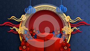 Mid Autumn Festival in paper art style.Chinese new year and red podium background