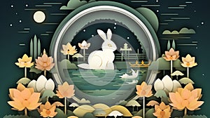 Mid-autumn festival paper cut style with rabbit looking at the full moon near the lotus pond, AI generated