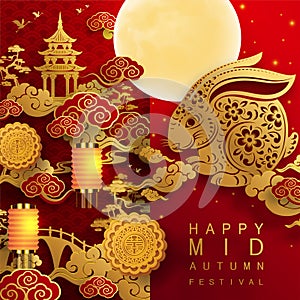 Mid Autumn festival with rabbit and moon, mooncake ,flower,chinese lanterns with gold paper cut style on color Background.