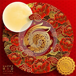 Mid Autumn festival with rabbit and moon, mooncake ,flower,chinese lanterns with gold paper cut style on color Background.