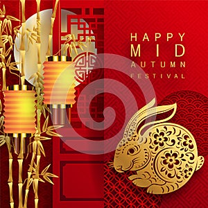 Mid Autumn festival with rabbit and moon, mooncake ,flower,chinese lanterns with gold paper cut style on color Background.