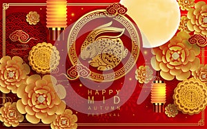 Mid Autumn festival with rabbit and moon, mooncake ,flower,chinese lanterns with gold paper cut style on color Background.