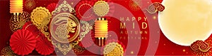 Mid Autumn festival with rabbit and moon, mooncake ,flower,chinese lanterns with gold paper cut style on color Background.